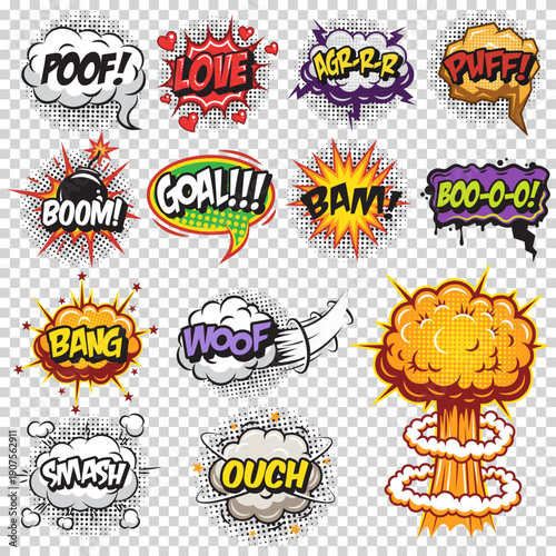 Vector collection of comic sound effects. Pop art bubbles with text like boom, bang, love, and smash. Includes nuclear mushroom cloud explosion.