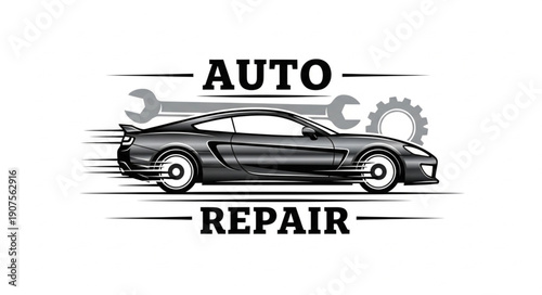 Auto Repair Service Emblem with Sports Car and Tools.