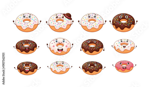 A colorful vector illustration of cartoon donuts with various toppings and expressions