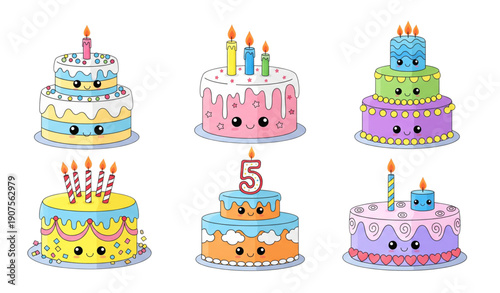 A colorful illustration of six cartoon birthday cakes with candles and smiling faces