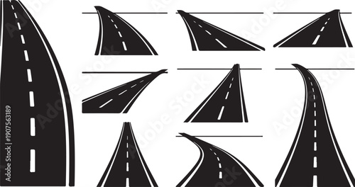 Various Black Roadway Sections on White Background Illustration Set