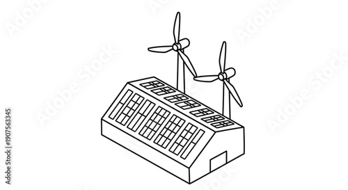 This isometric line art illustration depicts a sustainable energy system, showcasing a building with rooftop solar panels and two wind turbines, symbolizing clean power.