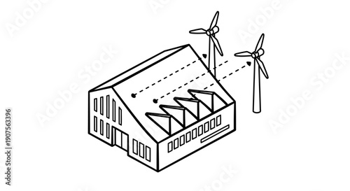 An elegant line art illustration portrays a modern industrial building receiving power from wind turbines, embodying sustainable energy solutions and eco-friendly production.