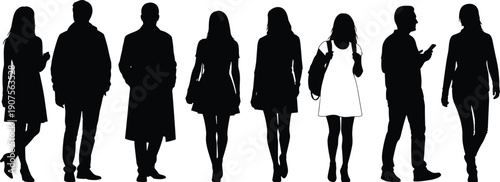 Large Collection of Detailed Black and White Silhouettes Featuring Men and Women in Casual and Stylish Streetwear Standing and Walking for Lifestyle Designs