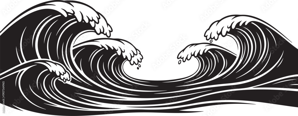 Fototapeta premium Black and White Illustration of Ocean Waves Crashing Horizontally