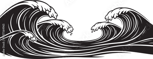 Black and White Illustration of Ocean Waves Crashing Horizontally
