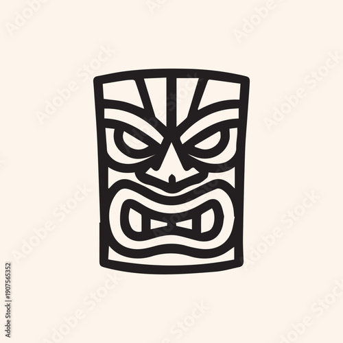 Fierce Polynesian Tiki Mask Black Line Art Vector Illustration