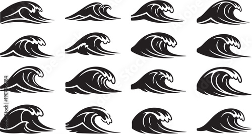 Collection of various wave icons in black and white