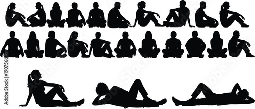 Large Collection of Twenty Five Black Silhouettes Featuring Men and Women Sitting on the Ground and Lying Down for Relaxed Lifestyle Graphic Designs