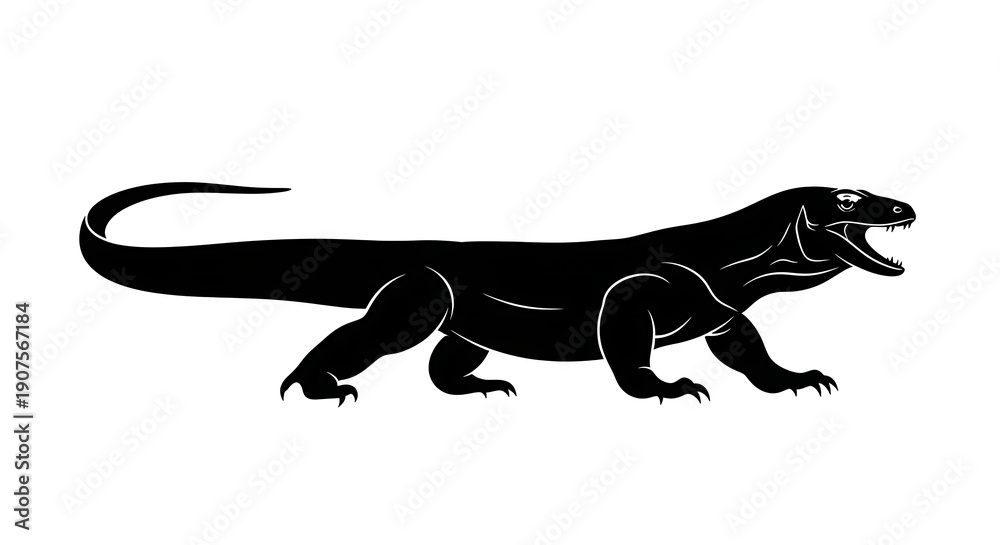 Fototapeta premium Striking silhouette of a Komodo dragon, a formidable and ancient reptile, depicted in a powerful stance, showcasing its majestic presence and predatory nature, perfect for impactful design elements