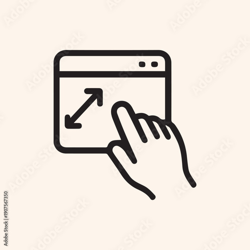 Black Line Art Icon of Hand Clicking Full Screen Button on a Window