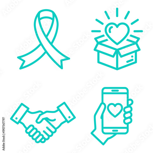 Community Support and Philanthropy Vector Line Icons Set in Teal Featuring Awareness, Donation, Partnership, and Digital Love