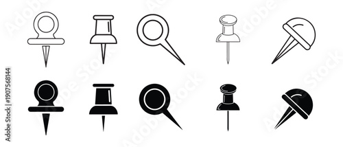Set of black and white push pin icons for graphic design  various styles and shapes