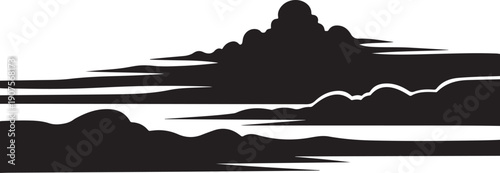 Black silhouette of mountain range over calm water landscape