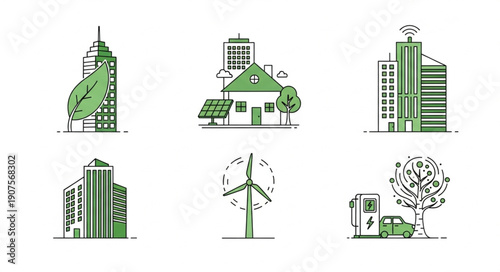 Eco friendly city buildings and renewable energy sources illustration.