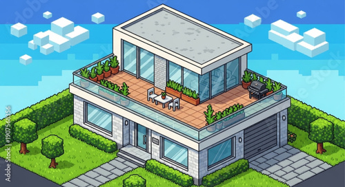 Modern Pixel Art House with Garage and Rooftop Garden.