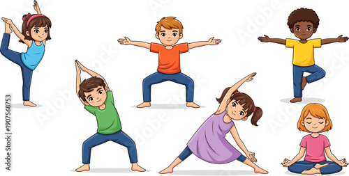 Diverse group of happy children practicing various yoga poses on a clean white background