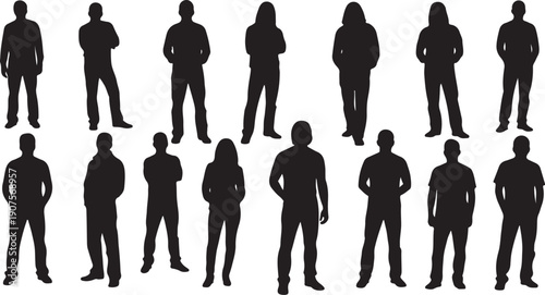 Silhouettes of people standing in various poses and outfits