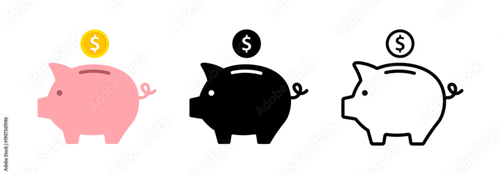 Fototapeta premium Piggy bank icons with dollar coin