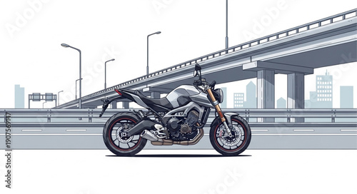 Modern Motorcycle Parked on a City Street Under a Bridge.