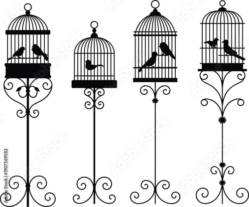 Black silhouette bird cages on tall ornamental stands, elegant vintage metal design with birds, isolated vector illustration on white background
