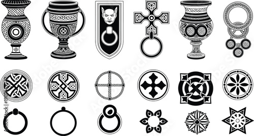 Celtic religious ornaments vector collection, sacred Christian crosses and medieval decorative emblems set, vintage church symbols illustration isolated black design