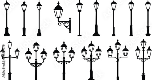 Classic street lamp silhouettes vector collection, vintage urban lantern posts set, decorative outdoor lighting icons, retro city lamppost illustration isolated