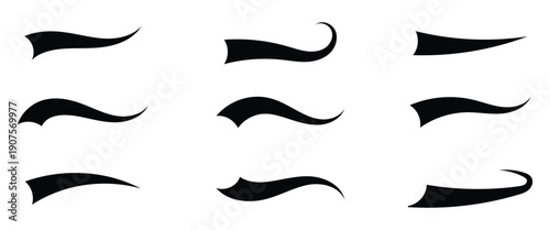 Set of hand drawn black calligraphy swoosh tail in different style used for text underlines, web design and  baseball, football logo. EPS 10.