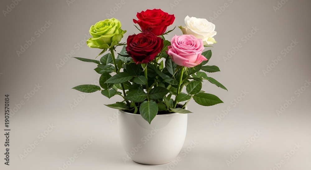 Naklejka premium Miniature rose plant with five colorful blooms: red, pink, white, and two green roses in a white ceramic pot, isolated on white