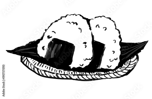 筆ペンで書いたおにぎりのイラスト素材。笹の葉と籠の上に2つのおむすびが乗っている。ベクター。和風のデザイン。