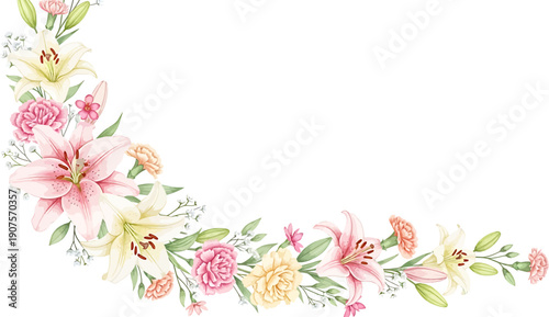 Elegant watercolor floral border with pink and white lilies and delicate carnations.
