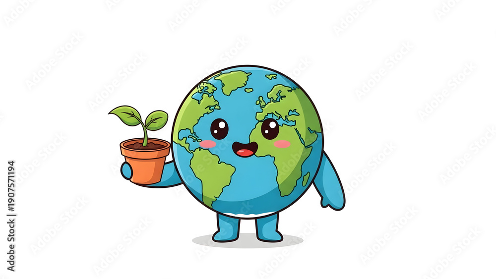 Obraz premium Cartoon Earth Character Holding Potted Plant 1.