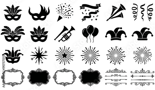 Decorative symbols and patterns collection featuring masks, musical instruments, and floral designs