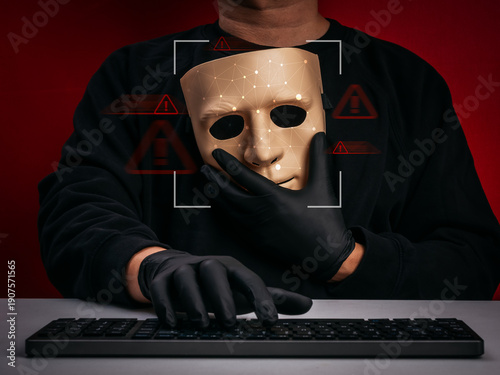 Man holding artificial face mask with facial recognition scanning overlay, representing AI deepfake technology, online scam, identity fraud, fake media detection, and cybersecurity threat awareness.