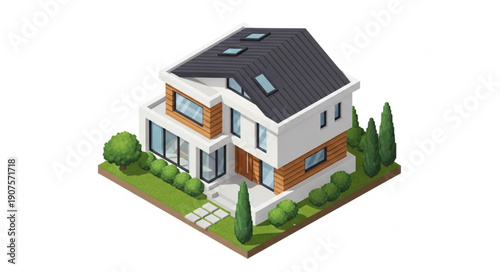 Modern Two Story House with Landscaping.