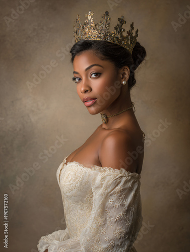 Elegant Black woman wearing a gold crown in a studio portrait with a warm neutral background