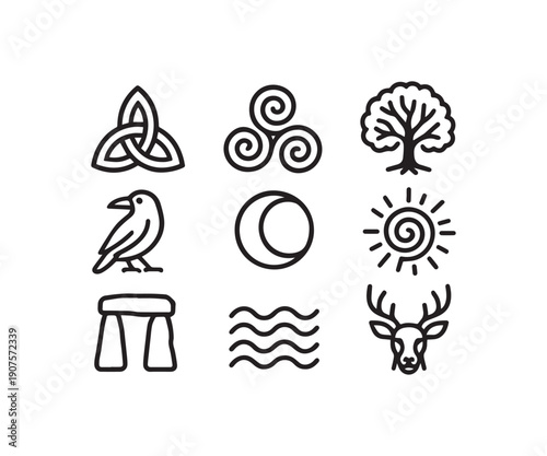 Mystical Celtic and Norse Pagan Symbols Black Line Icon Collection