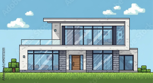 Modern Two Story House with Large Windows and Balcony.