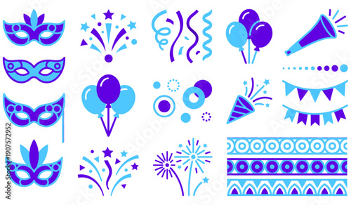 Vibrant collection of party-themed decorative elements in blue and purple hues