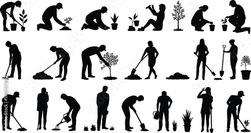 Gardening people silhouettes set, landscapers planting watering digging and caring for plants, outdoor horticulture workers collection vector illustration isolated design