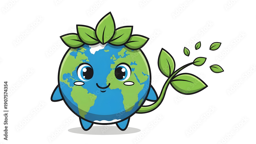 Obraz premium Cartoon Earth Character with Green Leaves 9.