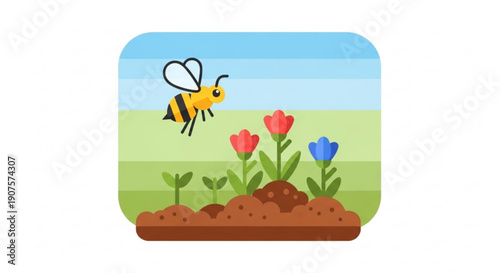 Cute bee flying over blooming flowers and growing plants representing spring and nature flat vector illustration for seasonal concepts