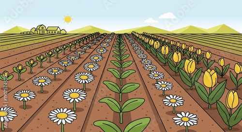 Rows of blooming tulips and daisies in a farm field representing growth and agriculture with a farmhouse and mountains in the background