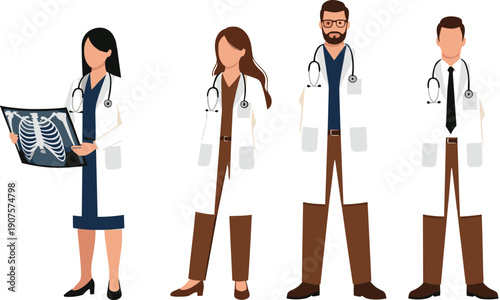 Medical doctor characters vector set with male and female physicians wearing lab coats and stethoscopes isolated on white background for healthcare concepts
