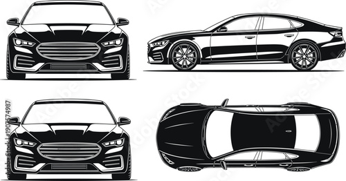 Luxury Sedan Car Illustration Set Showing Front Side and Top Views in Detailed Black and White Line Art Style