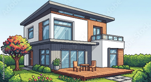 Modern Two Story House with Deck and Garden.