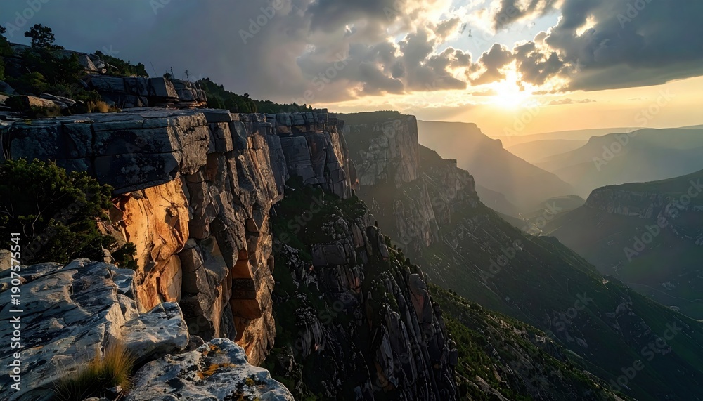 Obraz premium Majestic rocky mountain escarpment bathed in golden sunset light, showcasing dramatic geological formations and breathtaking vistas.