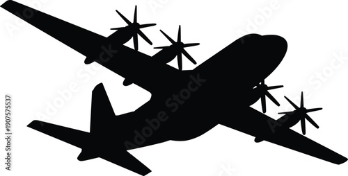 Large turboprop cargo airplane silhouette, military transport aircraft vector illustration, heavy airlift propeller plane isolated aviation transport design element