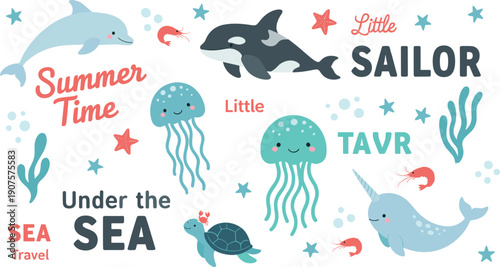 Cute under the sea nursery vector illustration with dolphin whale turtle jellyfish narwhal shrimp coral and summer ocean typography elements