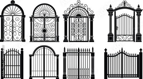 Ornate wrought iron gate silhouettes vector collection, decorative garden and entrance fence designs, classic architectural metal gates illustration isolated black set